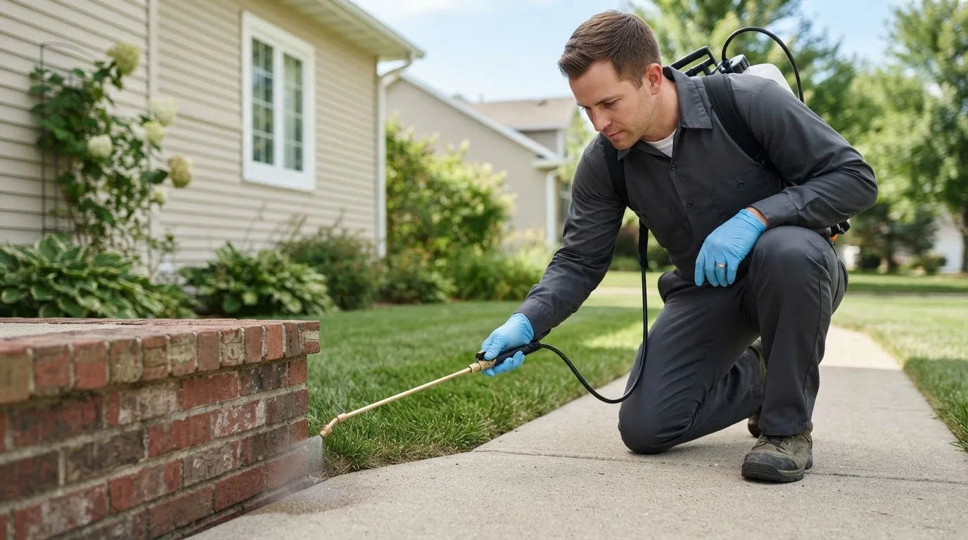 Pest control technician treating a home near Marty, SD